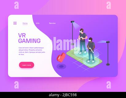 Virtual Augmented Mixed Reality gaming entertainment isometrico landing page design con due giocatori in cuffie/auricolari illustrazione vettoriale Illustrazione Vettoriale