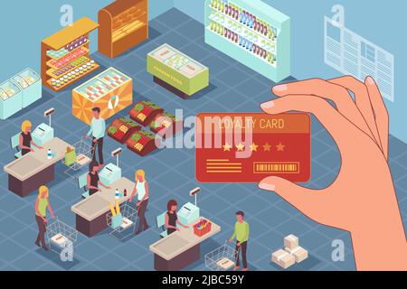Programma di fidelizzazione concetto di design isometrico con carta fedeltà in mano umana presso la sala di negoziazione in illustrazione vettoriale di sfondo supermercato Illustrazione Vettoriale