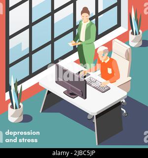 Rapporto tra dipendenza da internet sul telefono cellulare e depressione stress ansia isometrica fondo composizione illustrazione vettoriale Illustrazione Vettoriale