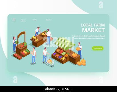 Agricoltori locali freschi prodotti biologici online offerta isometrica landing page con frutta verdura mercato bancarelle illustrazione vettoriale Illustrazione Vettoriale