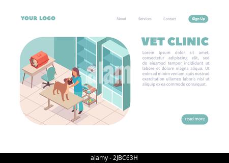 Pagina web vet clinica isometrico sito web Landing sfondo con composizione interna testo modificabile e cliccabile link illustrazione vettoriale Illustrazione Vettoriale