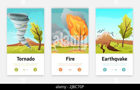 Disastri naturali 3 banner web verticali piatti impostati con terremoti tornado e composizioni di wildfire isolato illustrazione vettoriale Illustrazione Vettoriale