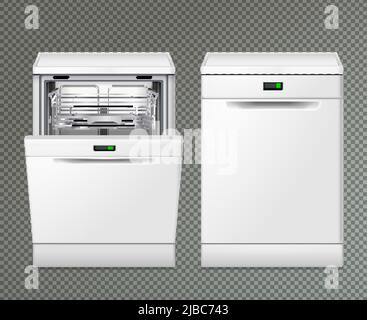 Set lavastoviglie di immagini realistiche su sfondo trasparente con viste con illustrazione vettoriale a coperchio chiuso e aperto Illustrazione Vettoriale