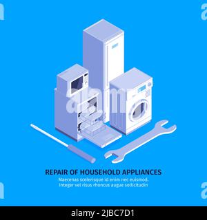 Sfondo di riparazione degli elettrodomestici isometrici con testo e immagini modificabili degli strumenti manuali e dell'illustrazione vettoriale dell'elettronica di consumo Illustrazione Vettoriale