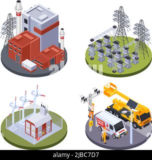 Impianto di produzione di elettricità e fonti alternative di energia 2x2 progetto isometrico 3D illustrazione vettoriale isolata Illustrazione Vettoriale