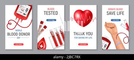 World Blood Donor Day striscioni verticali set con provette contenitori umani mano isolata su sfondo grigio illustrazione vettoriale realistica Illustrazione Vettoriale