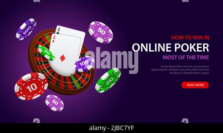 Gioco di poker online vincere realistico fondo viola profondo banner orizzontale con chip carte roulette ruota illustrazione vettoriale Illustrazione Vettoriale