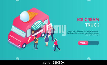 Striscione isometrico con persone in piedi di fronte al camion gelato rosa 3D illustrazione vettoriale Illustrazione Vettoriale