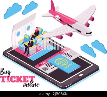 Acquista il biglietto online e viaggia in aereo concetto di design isometrico con i passeggeri in aereo volante e grande illustrazione vettoriale smartphone Illustrazione Vettoriale