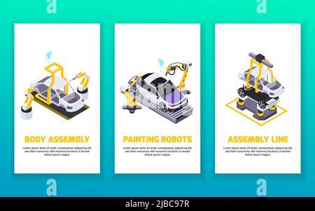 Set di banner verticali isometrici per la produzione di veicoli elettrici con linea automatizzata di assemblaggio dei bracci robotizzati e illustrazione vettoriale dei robot di verniciatura Illustrazione Vettoriale