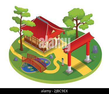 Casa asiatica concetto isometrico con arco ponte e illustrazione vettoriale del fiume Illustrazione Vettoriale