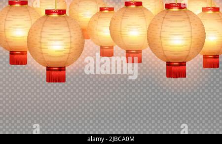 Lanterne cinesi sfondo trasparente realistico con palloncino ad aria rotonda giallo su illustrazione vettoriale fondente trasparente Illustrazione Vettoriale