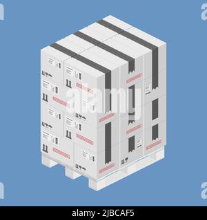confezioni di scatole isometriche in cartone dettagliate su un'illustrazione piatta del vettore di pallet in legno Illustrazione Vettoriale