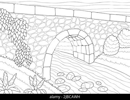 Ponte colorare grafico fiume nero bianco paesaggio disegno vettore Illustrazione Vettoriale