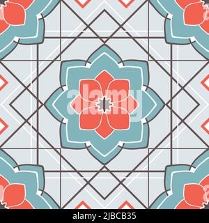 Motivo vettoriale senza cuciture con fiore geometrico su sfondo grigio chiaro. Design della carta da parati con piastrelle floreali marocchine. Illustrazione Vettoriale