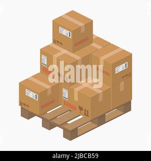 confezioni di scatole isometriche in cartone dettagliate su un'illustrazione piatta del vettore di pallet in legno Illustrazione Vettoriale