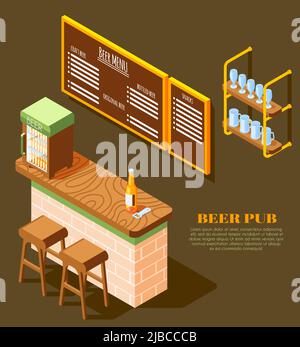 Birra pub elementi interni isometrici sfondo con banco menu scheda refrigerante rack bottiglia apertura vettore illustrazione Illustrazione Vettoriale