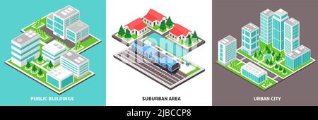 Concetto di città industriale isometrico con set di composizioni quadrate con moderni blocchi di città e illustrazione vettore di trasporto Illustrazione Vettoriale