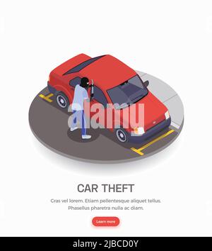 Gangster indossare maschera nera committing furto auto crimine 3D isometrico vettore illustrazione Illustrazione Vettoriale