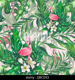Acquerello illustrazione di un fenicottero rosa con foglie tropicali. Ripetizione senza giunture. Con foglie di palme e altre piante esotiche. Foto Stock