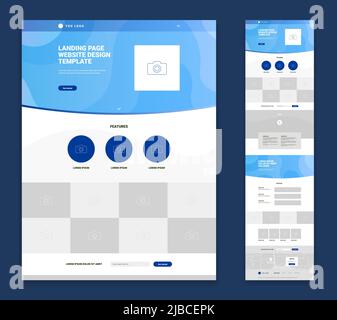 Sito web landing page flat design con logo foto caratteristiche articoli video modulo di contatto isolato su sfondo blu illustrazione vettoriale Illustrazione Vettoriale