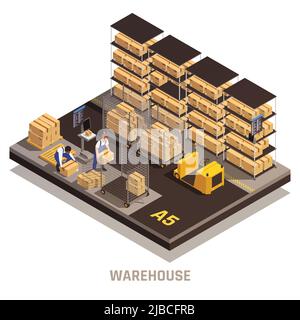 Moderno impianto di magazzino operazioni di processo composizioni isometriche con cargo consegna tracking carico posizionamento sistema di stoccaggio illustrazione vettoriale Illustrazione Vettoriale