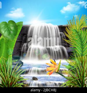 Sfondo realistico cascata tropicale con paesaggio estivo pomeridiano e piante esotiche con flusso d'acqua attraverso dalles illustrazione vettoriale Illustrazione Vettoriale
