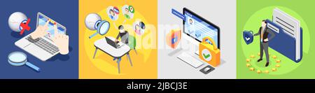 Protezione dei dati personali gdpr progetto isometrico 4x1 con icone pittogrammi immagini di computer e persone illustrazione vettoriale Illustrazione Vettoriale