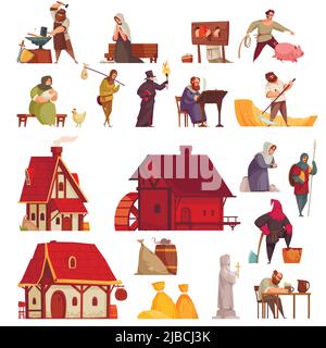 Cartoon e isolato icona medievale set con case taverne abitanti villaggio fabbro boia illustrazione vettoriale Illustrazione Vettoriale
