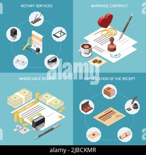 Servizi notarili 2x2 concetto di disegno insieme di contratto di matrimonio diritti di eredità certificazione di ricezione isometrica composizioni illustrazione vettoriale Illustrazione Vettoriale