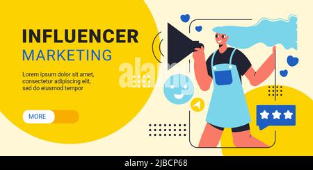 Influencer marketing banner orizzontale con ragazza giovane con megaphone che rappresenta le merci da smartphone app flat vettore illustrazione Illustrazione Vettoriale