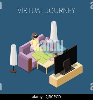 Concetto isometrico di viaggio virtuale con donna in occhiali realtà aumentata rilassante sul divano 3D illustrazione vettoriale Illustrazione Vettoriale