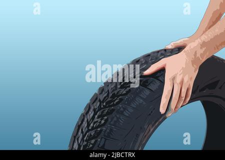 meccanico maschile che tiene una chiave e una ruota, personaggio cartoon, pneumatico auto, illustrazione di manutenzione pneumatici Foto Stock