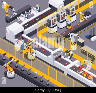 Produzione di calzature composizione isometrica in vista di un trasportatore industriale operato da operatori con illustrazione vettoriale di calzature a stiletto Illustrazione Vettoriale