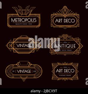 Art deco 6 fine oro geometrico stile lusso etichette modelli set sfondo nero isolato antico vettore illustrazione Illustrazione Vettoriale