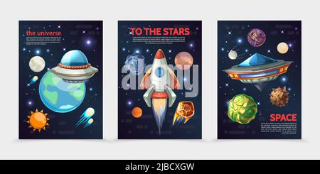Cartoon spazio colorato banner verticali con razzo ufo astronavi sole Terra diversi pianeti asteroidi meteoriti comete su sfondo cosmico vettore il Illustrazione Vettoriale