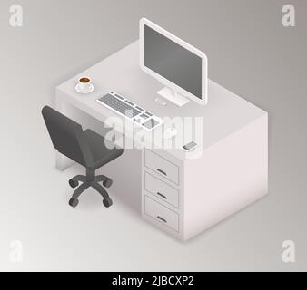 Postazione di lavoro con computer isometrica 3D. Sala ufficio per lavoro, business concept, desktop creativo su tavolo, illustrazione vettoriale Illustrazione Vettoriale