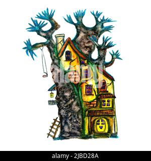 Acquerello illustrazione favolosa casa di gnomi e elfi costruita sul grande albero magico, isolato Foto Stock