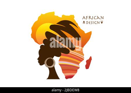 Africa Motherland, ritratto donna africana in turban etnico, silhouette, Africa continente mappa paesaggio tramonto. Design Afro, banner con logo tribale Safari Illustrazione Vettoriale