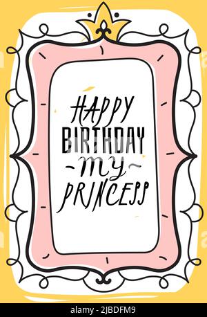 Carta principessa. Cartolina di compleanno felice con corona, invito e saluto ragazze partito, sfondo rosa pastello, scritta carina disegnata a mano, festivo Illustrazione Vettoriale