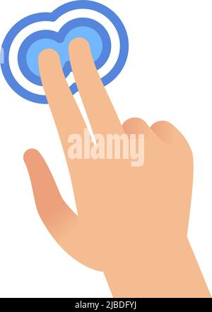 Movimento dello schermo a sfioramento. Premere con la mano il pulsante blu con due dita, gesti touch screen per smartphone o tablet, segno del puntatore, applicazione o sito Web Illustrazione Vettoriale