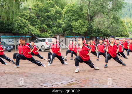 I discepoli del Tempio Shaoling di Henan praticano i loro esercizi di kungfu in uno dei campi di allenamento del tempio. Foto Stock