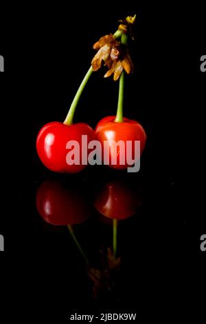 Ciliegie rosse isolate su nero Foto Stock