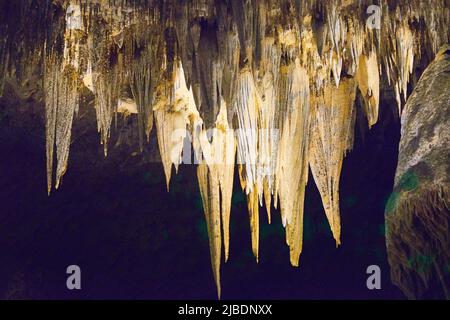 Vista sul soffitto Stalactite a Carlson Bad Cavern. Con giallo, verde e viola scuro dipinto sulla formazione. Foto Stock