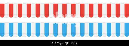 Set di tettucci. Tenda rossa e blu su sfondo bianco. Ombrello a righe larghe. Conservare la tenda. Modello a baldacchino per caffè o hotel. Illustrazione vettoriale. Illustrazione Vettoriale
