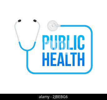 Sanità pubblica. Badge con icona stetoscopio. Illustrazione vettoriale piatta su sfondo bianco Illustrazione Vettoriale