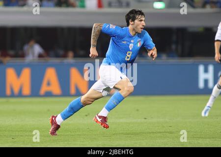 Bologna, Italia, il 04 giugno 2022. Sandro tonali di Italyduring Italia vs Germania, 1° giorno del gruppo Nations League 3 2022-23, partita allo stadio Renzo Dall'Ara di Bologna, Italia, il 04 giugno 2022. Credit: Davide Casentini/AFLO/Alamy Live News Foto Stock