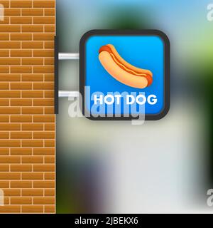 Banner americano. Vintage flat advertising con hot dog segno per banner design. Carattere di illustrazione vettoriale piatto Illustrazione Vettoriale