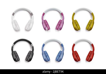 Cuffie per ascoltare musica, cuffie audio dj isolate su sfondo bianco. Set realistico vettoriale di 3D auricolari stereo a colori, accessori con altoparlanti sonori nella vista frontale Illustrazione Vettoriale