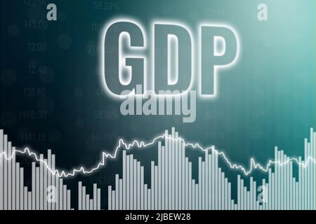 Termine finanziario PIL (prodotto interno lordo) su sfondo verde. 3D rendering. Messa a fuoco soft. Concetto di economia globale Foto Stock